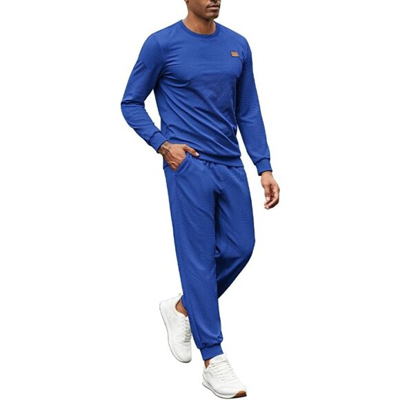 Men's 2 Piece Sweat suit Jogging Suit Set Long Sleeve Jacquard Shirt Bright Blue - Picture 3 of 6